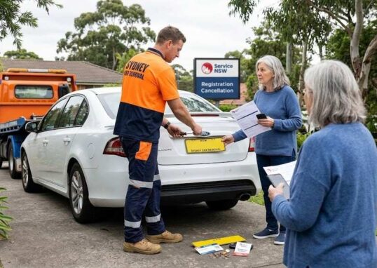 A Sydney Car Removal specialist assisting a car owner with number plate removal in front of a Service NSW registration cancellation sign.