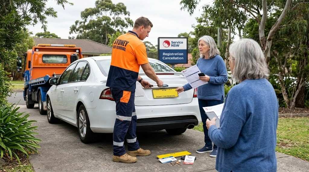 A Sydney Car Removal specialist assisting a car owner with number plate removal in front of a Service NSW registration cancellation sign.