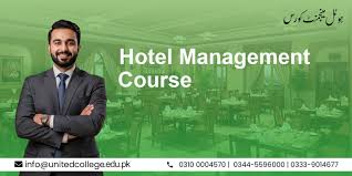 Smiling man in a suit stands in front of a blurred hotel dining area. Text reads "Hotel Management Course" with contact details below. Professional tone.