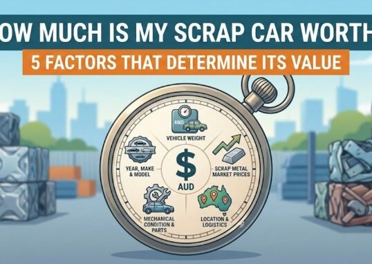 Infographic titled "How Much Is My Scrap Car Worth?" showing 5 value factors like vehicle weight, scrap metal market prices, and mechanical condition in an Australian wrecking yard setting.