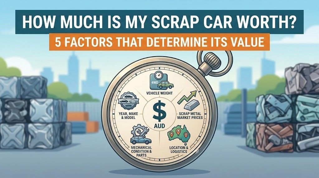 Infographic titled "How Much Is My Scrap Car Worth?" showing 5 value factors like vehicle weight, scrap metal market prices, and mechanical condition in an Australian wrecking yard setting.